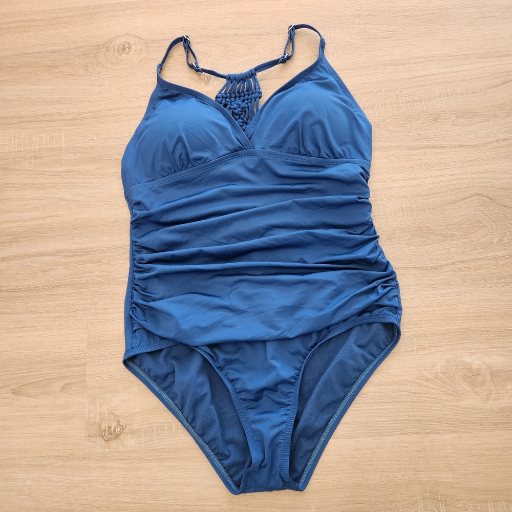 Firpearl One Piece Swimsuit Women Sz 14 V Neck Strappy Blue Macrame Ruched Tummy
